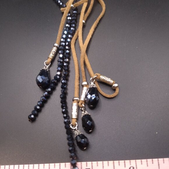 Chico's Black AB Crystal Beads with tan Leather Necklace Lariate - Picture 6 of 7